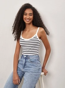 SHEIN BASICS Top Tipo Cami Con Estampado De Rayas - Blanco y Negro - Ver 3
