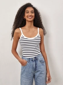 SHEIN BASICS Top Tipo Cami Con Estampado De Rayas - Blanco y Negro - Ver 4