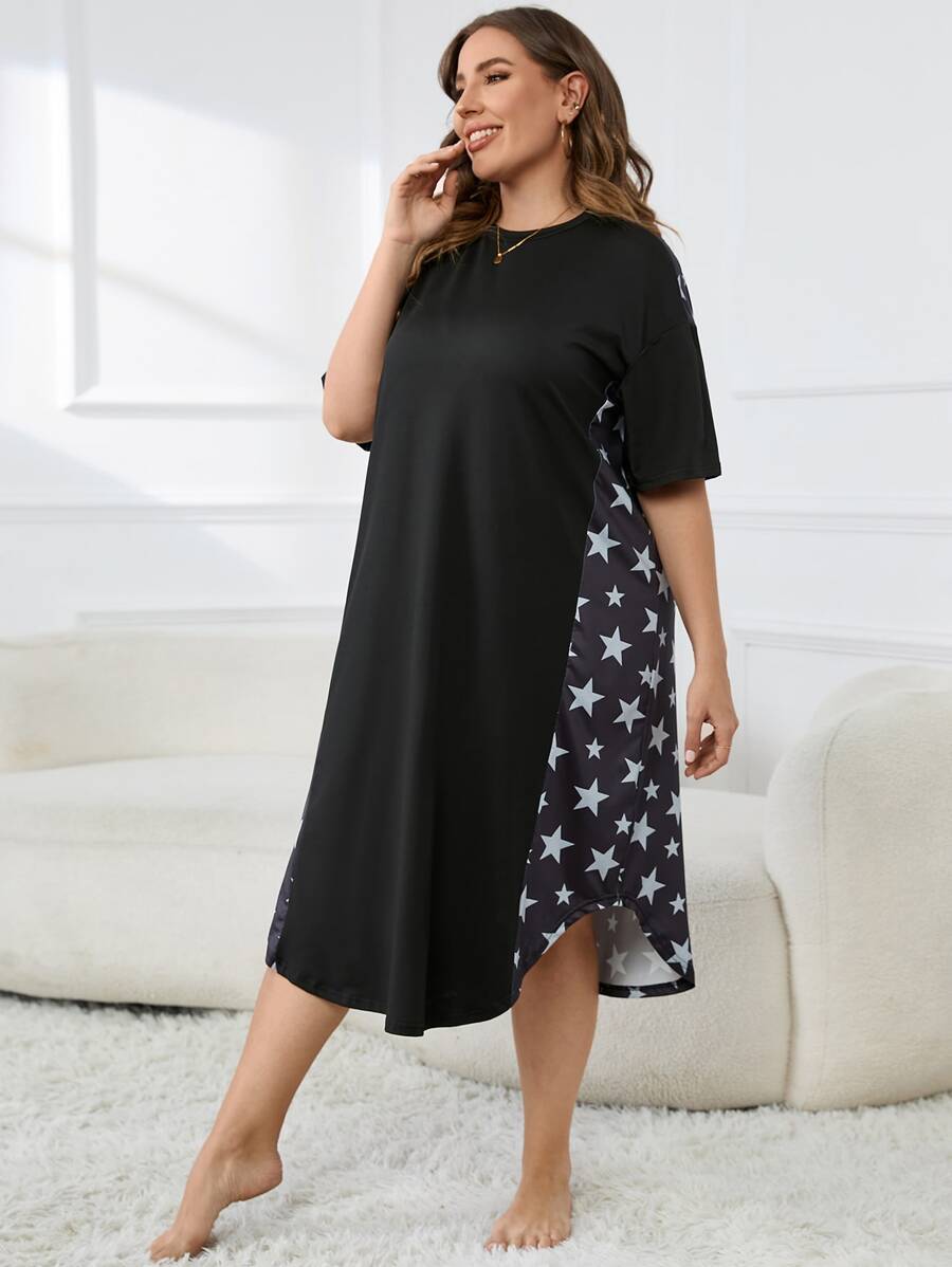 Plus Star Print Drop Shoulder Nightdress - Black - View 1