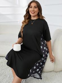 Plus Star Print Drop Shoulder Nightdress - Black - View 3
