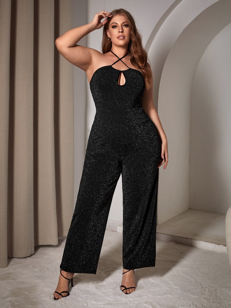SHEIN Privé 大碼前交叉金屬亮絲吊帶連體褲 - 黑色 - 查看 1