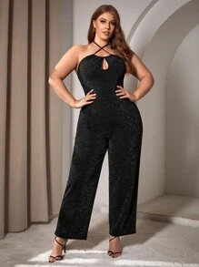 SHEIN Privé 大碼前交叉金屬亮絲吊帶連體褲 - 黑色 - 查看 3