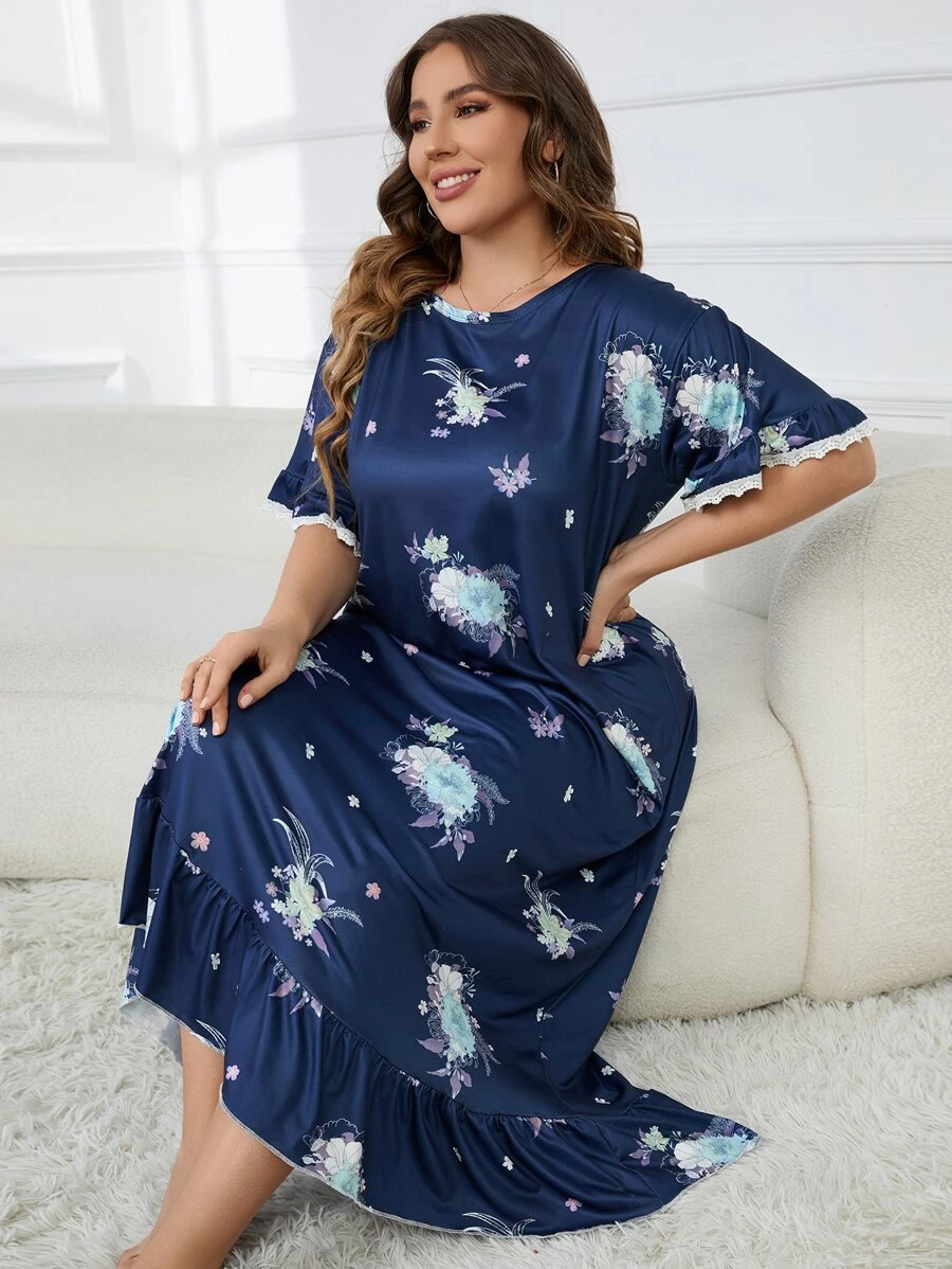 Plus Floral Print Ruffle Hem Pajama Nightdress, Long Dress - Navy Blue - View 1