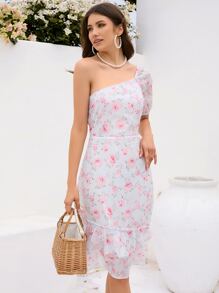 SHEIN VCAY Vestido con estampado floral de un hombro de manga farol bajo con fruncido - Blanco - Ver 1