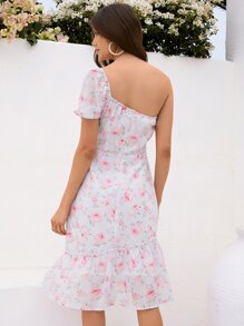 SHEIN VCAY Vestido con estampado floral de un hombro de manga farol bajo con fruncido - Blanco - Ver 2