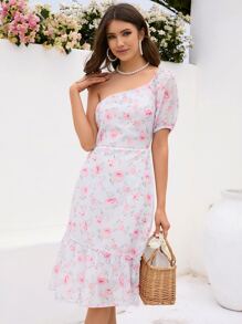 SHEIN VCAY Vestido con estampado floral de un hombro de manga farol bajo con fruncido - Blanco - Ver 3