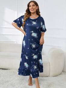 Plus Floral Print Ruffle Hem Pajama Nightdress, Long Dress - Navy Blue - View 3