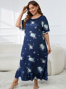 Plus Floral Print Ruffle Hem Pajama Nightdress, Long Dress - Navy Blue - View 4