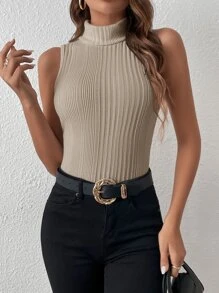 SHEIN Essnce Áo hai dây Gân đan màu trơn Giải trí - Màu be - Xem 1