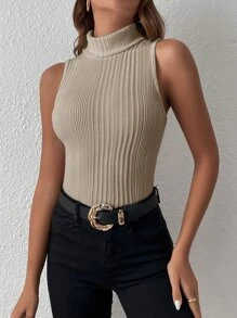 SHEIN Essnce Áo hai dây Gân đan màu trơn Giải trí - Màu be - Xem 3