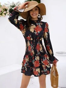 SHEIN LUNE Floral Print Flounce Sleeve Shirred Detail Ruffle Hem Dress - Black - View 4