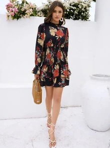 SHEIN LUNE Floral Print Flounce Sleeve Shirred Detail Ruffle Hem Dress - Black - View 7