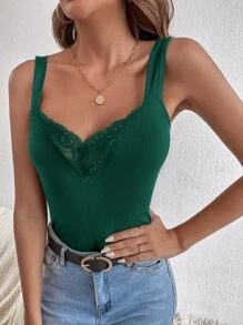 SHEIN Privé Contrast Lace Wide Strap Top - Dark Green - View 4
