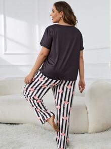 Plus Letter Graphic Tee & Striped Trousers PJ Set - Multicolor - View 3
