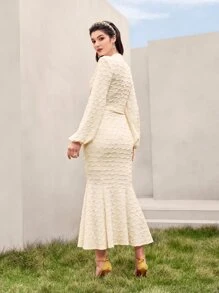 Modelyn 提花燈籠袖魚尾裙下擺繫腰帶洋裝