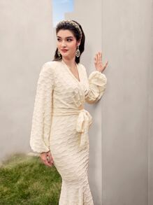 Modelyn 提花燈籠袖魚尾裙下擺繫腰帶洋裝