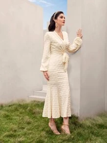 Modelyn 提花燈籠袖魚尾裙下擺繫腰帶洋裝