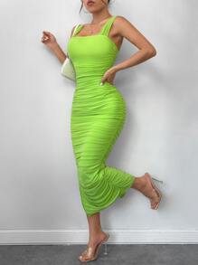 SHEIN SXY 褶邊下擺開叉網紗緊身連衣裙 - 青檸色 - 查看 4