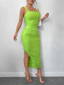 SHEIN SXY 褶邊下擺開叉網紗緊身連衣裙 - 青檸色 - 查看 5