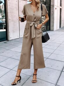 SHEIN LUNE 雙口袋蝙蝠袖腰帶連身褲