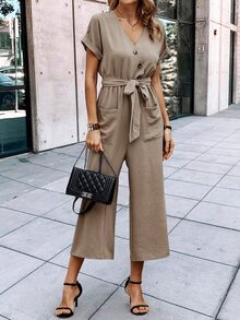 SHEIN LUNE 雙口袋蝙蝠袖腰帶連身褲