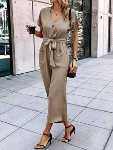 SHEIN LUNE 雙口袋蝙蝠袖腰帶連身褲