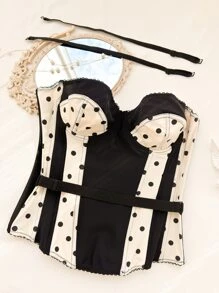 Polka Dot Print Bustier Shapewear Top - Black and White - View 3