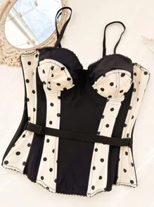 Polka Dot Print Bustier Shapewear Top - Black and White - View 4