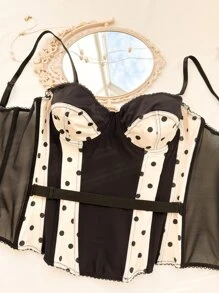 Polka Dot Print Bustier Shapewear Top - Black and White - View 5