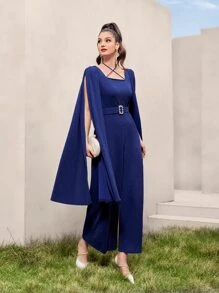Modelyn Cloak Sleeve Buckled Belted Glitter Jumpsuit - Navy Blue - View 1