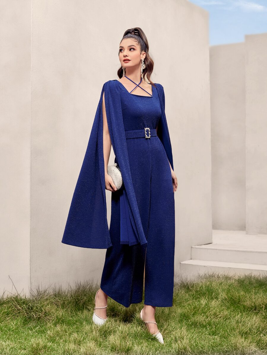 Modelyn Cloak Sleeve Buckled Belted Glitter Jumpsuit - Navy Blue - View 1