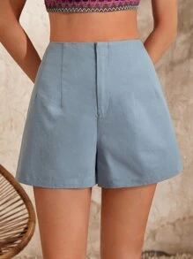 SHEIN Essnce Shorts unicolor de talle alto - Neblina azul - Ver 1