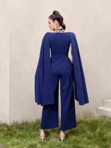 Modelyn Cloak Sleeve Buckled Belted Glitter Jumpsuit - Navy Blue - View 2