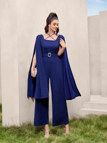 Modelyn Cloak Sleeve Buckled Belted Glitter Jumpsuit - Navy Blue - View 4