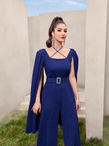 Modelyn Cloak Sleeve Buckled Belted Glitter Jumpsuit - Navy Blue - View 5