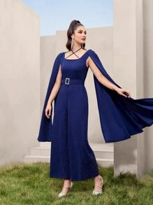 Modelyn Cloak Sleeve Buckled Belted Glitter Jumpsuit - Navy Blue - View 6