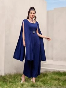 Modelyn Cloak Sleeve Buckled Belted Glitter Jumpsuit - Navy Blue - View 7