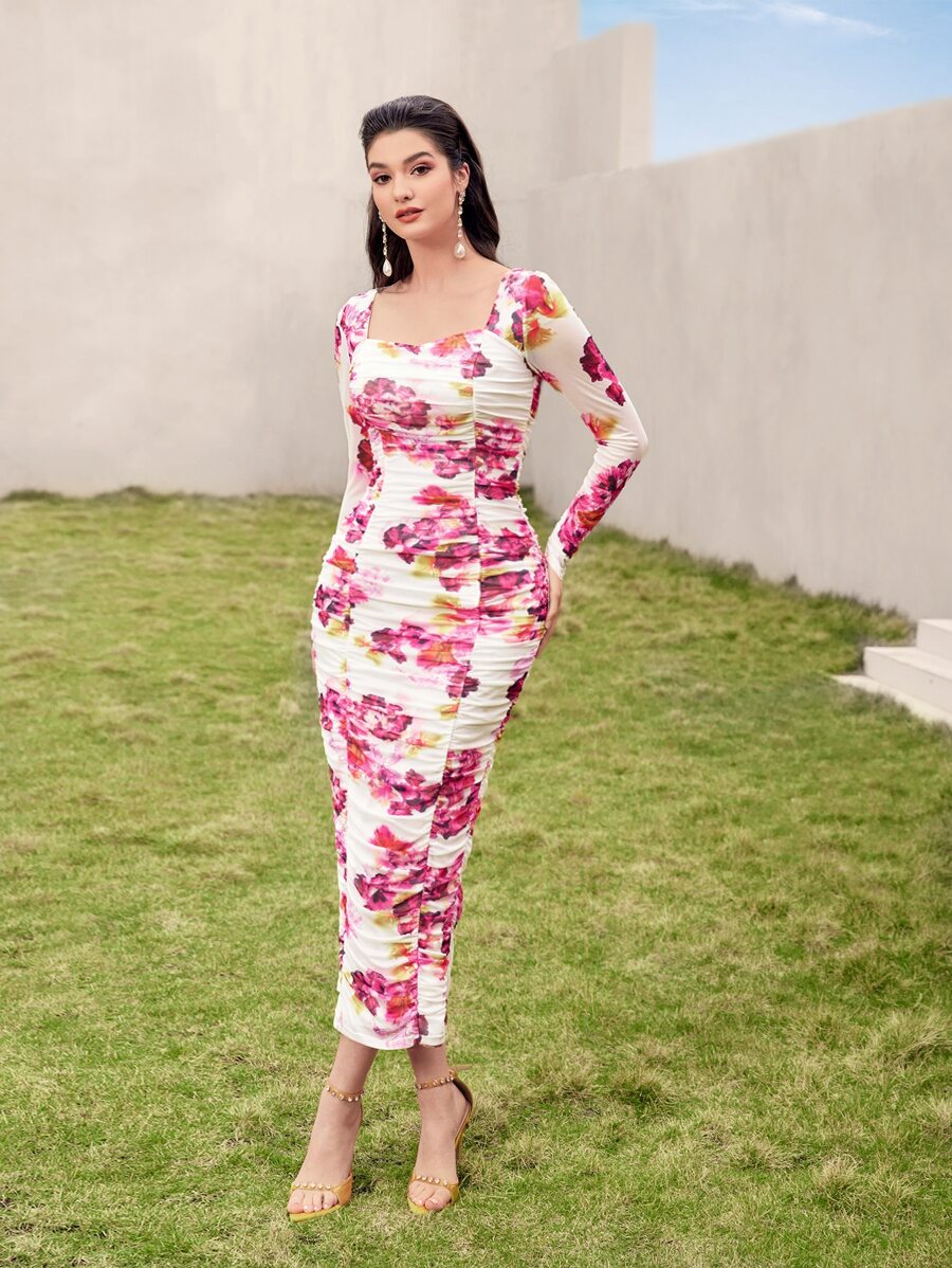 Modelyn Floral Print Ruched Mesh Bodycon Dress - Multicolor - View 1