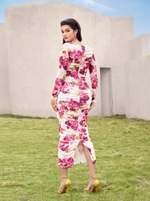 Modelyn Floral Print Ruched Mesh Bodycon Dress - Multicolor - View 2