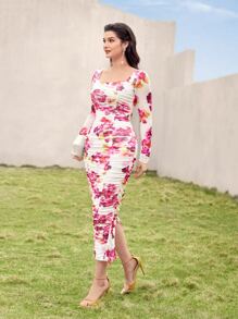 Modelyn Floral Print Ruched Mesh Bodycon Dress - Multicolor - View 4