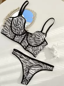 斑馬條紋鋼圈內衣套裝 - 黑與白 - 查看 1