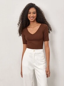 SHEIN BASICS 夏季實色v領短袖t卹 - 咖啡棕 - 查看 1