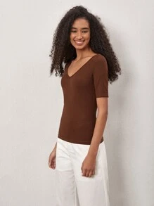 SHEIN BASICS 夏季實色v領短袖t卹 - 咖啡棕 - 查看 5