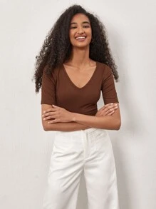 SHEIN BASICS 夏季實色v領短袖t卹 - 咖啡棕 - 查看 6