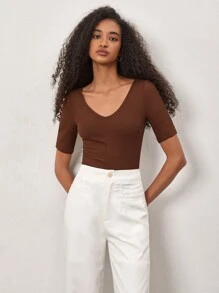 SHEIN BASICS 夏季實色v領短袖t卹 - 咖啡棕 - 查看 7