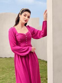 Modelyn Vestido escote corazón pecho con fruncido bajo con fruncido - Rosa Fucsia - Ver 4
