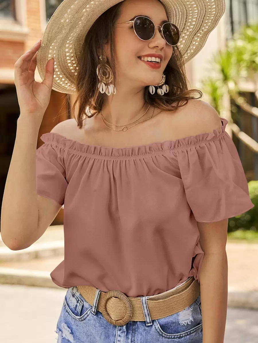 SHEIN VCAY 露肩荷叶边衬衫，短袖上衣