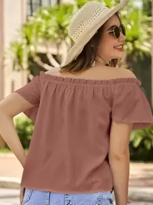 SHEIN VCAY 露肩荷叶边衬衫，短袖上衣