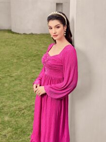 Modelyn Vestido escote corazón pecho con fruncido bajo con fruncido - Rosa Fucsia - Ver 3