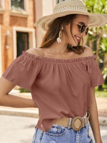 SHEIN VCAY 露肩荷叶边衬衫，短袖上衣